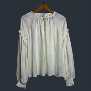 Anthropologie Curren air Top Blouse S Satin beige Long Ruffle Sleeve Old Money